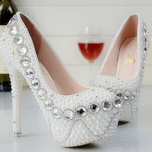Заказ Элегантные Высокие каблуки бисера Люкс с жемчугом и кристаллами бисера Дамская официальная обувь вечерние свадебное платье обувь для подружки невесты