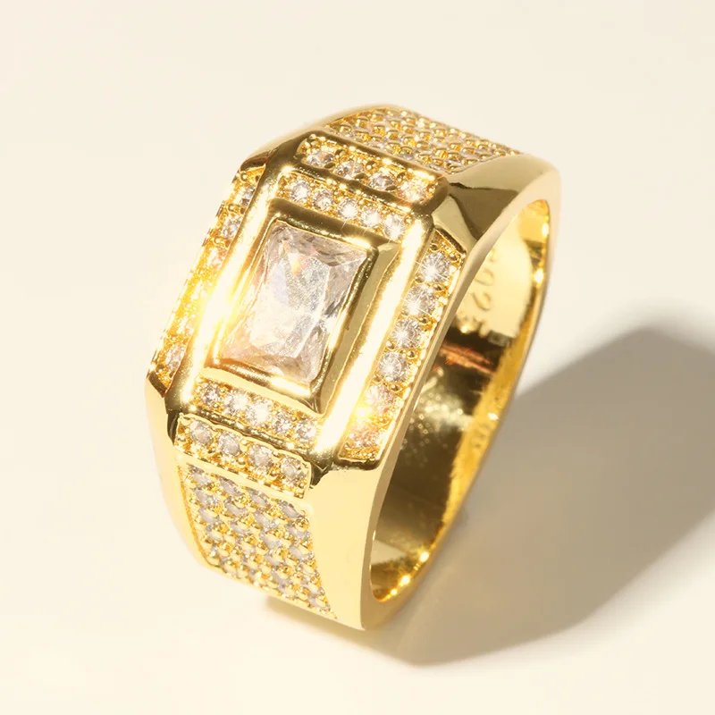 

Vintage Bling Crystal Filled Gold Color 925 Stamp Signets Rings for Men Fashion Jewelry Gift Wedding Ring Size 7-12