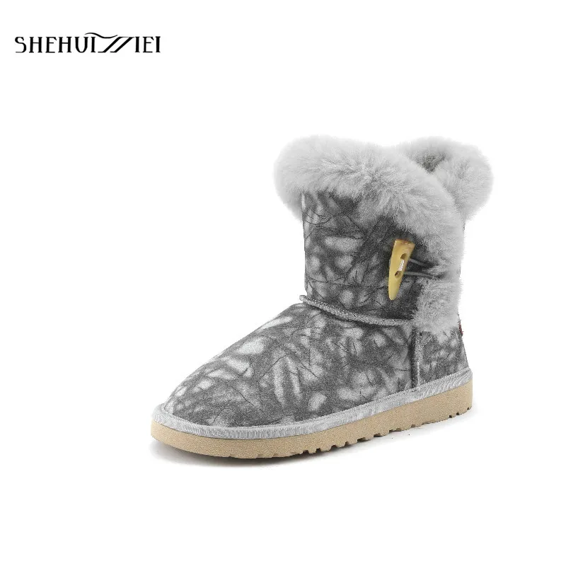 

SHEHUIMEI Genuine Leather Women Boots Round Toe Fur Print Footwear Warm Female Ankle Boot Platform Snow Shoes Women 2018 Winter
