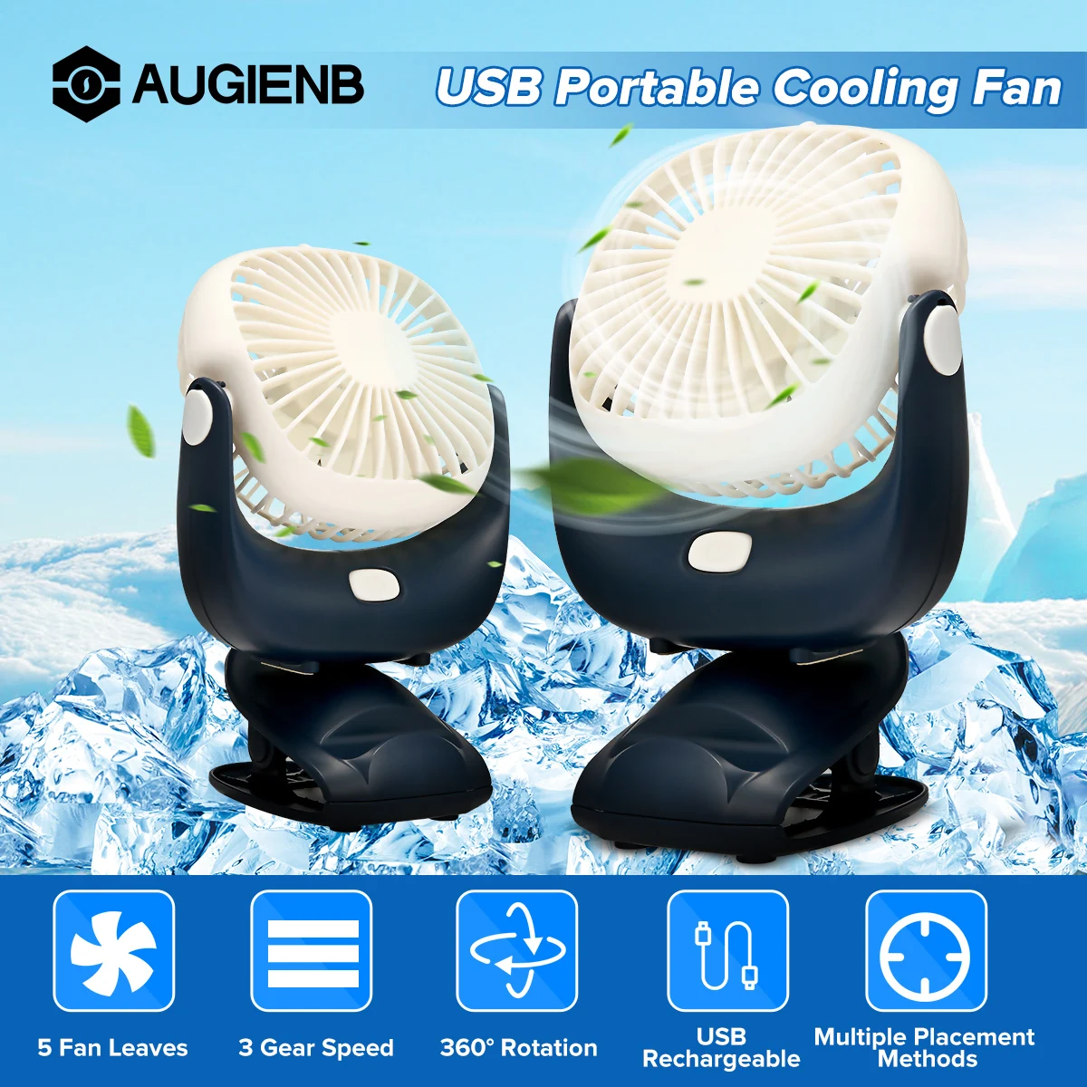 

AUGIENB Mini Portable 2 in 1 Desk Clip Fan 360Degree 3 Gear Speed Adjustable Fan USB Rechargeable Fans for Office Home Travel