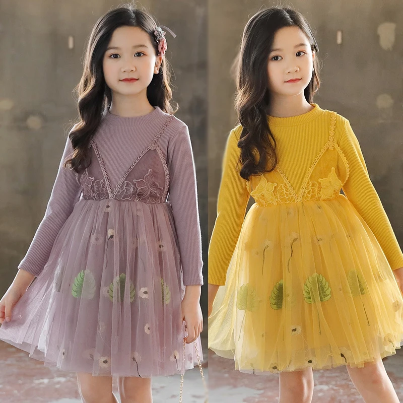 

New Arrival Girls Overalls Princess Dress Prom Gown Purple Yellow Embroidery Mesh Tulle Dresses Party Retro Jumper Hoodie Dress