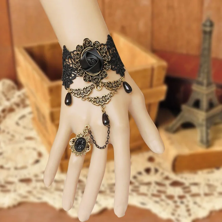 

Fashion Victorian Dress Costume Gothic Black Rose Lace Lolita Women Bracelet JL