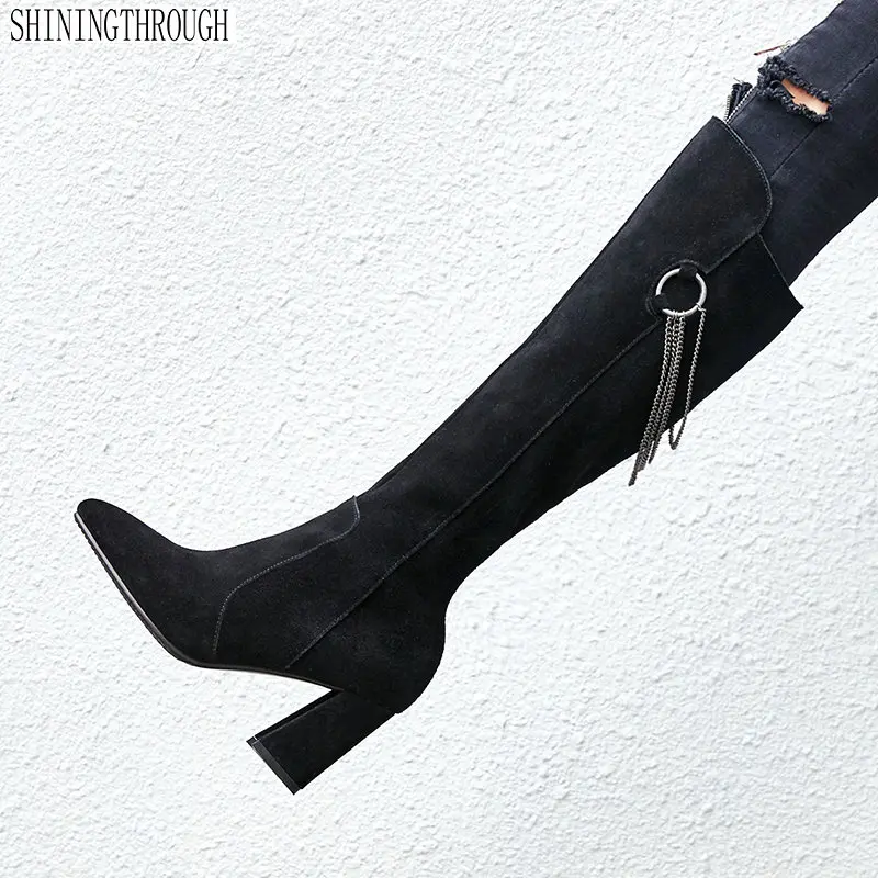 

Sexy high heels Women boots over the knee boots ladies party shoes woman metal chain autumn winter boots large size 43