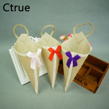 

10pcs burlap jute Hessian Pew Cone Flower Holder Organizer Christmas Birthday Baby Shower rustic wedding decoration centerpieces