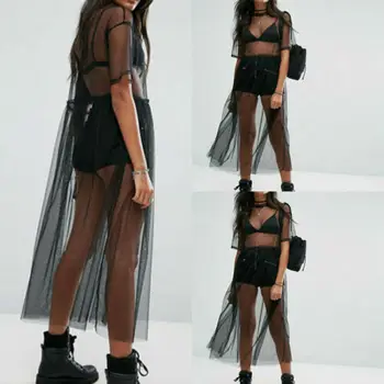 

Sexy Women Black Gauze Mesh Dress Sheer Maxi Dress Cover Up Tulle Lace Beachwear Dresses