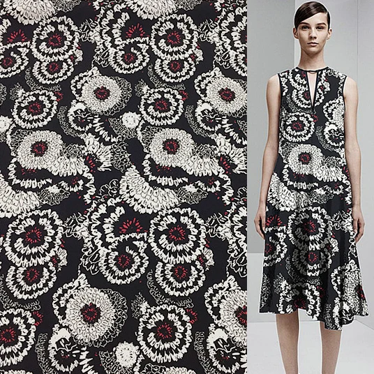 

Exaggerated floral print on black bottom special pure silk dupioni fabric 16momme 45" width by yard,SDP028