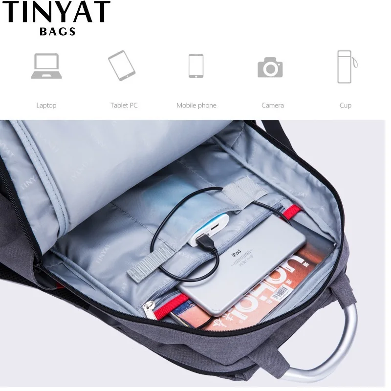 TINYAT мужской рюкзак 15,6 дюймов рюкзак для ноутбука USB зарядка Рюкзак из парусины мужской рюкзак для путешествий Mochila Школьный Рюкзак серый T811