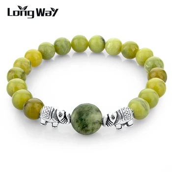 

LongWay Brand Green Natural Stone Beads Bracelets For Women And Men Fashion Silver Color Elephant Bracelets Bangles SBR150264