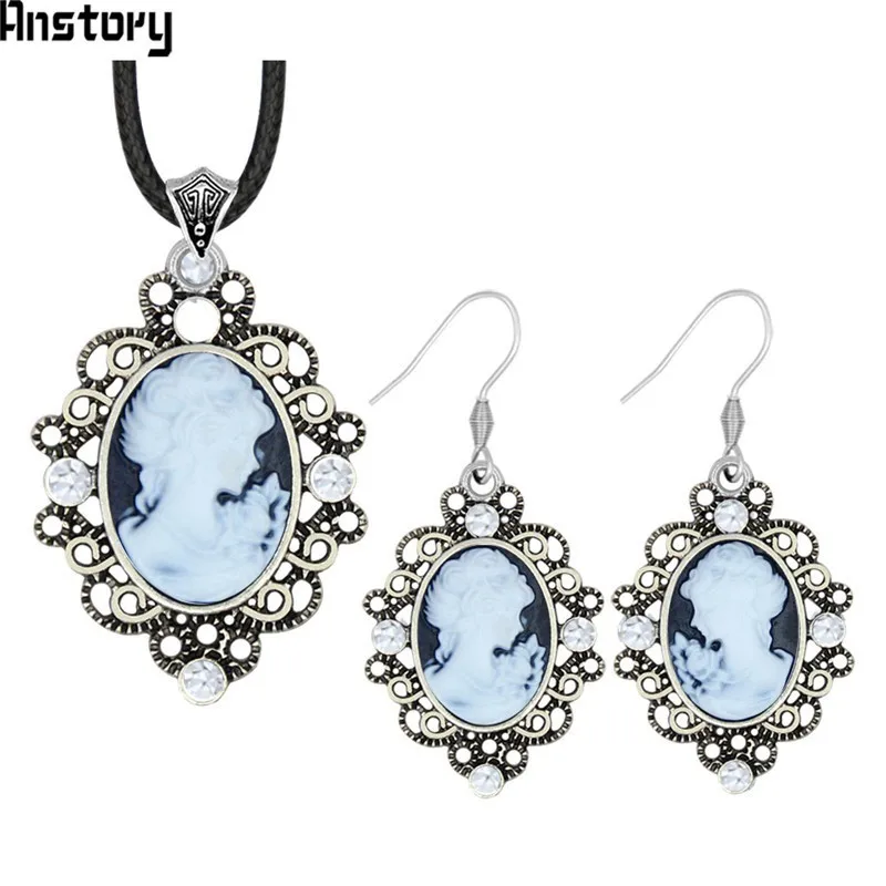 Oval Lady Queen Cameo Crystal Jewelry Set Antique Silver Plated Necklace Earrings Bracelet Fashion Jewelry TS463 - Окраска металла: White