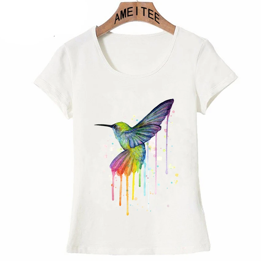 

Humming bird Watercolor Rainbow T-Shirt Summer fashion Women T Shirt hipster ladies Tops high quality casual maiden Tees
