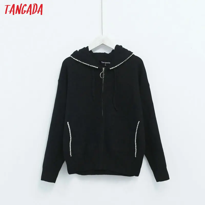 

Tangada 2019 women pearl black hooded cardigan sweater zipper female autumn winter thick jumper pockets korean knitwear RY105