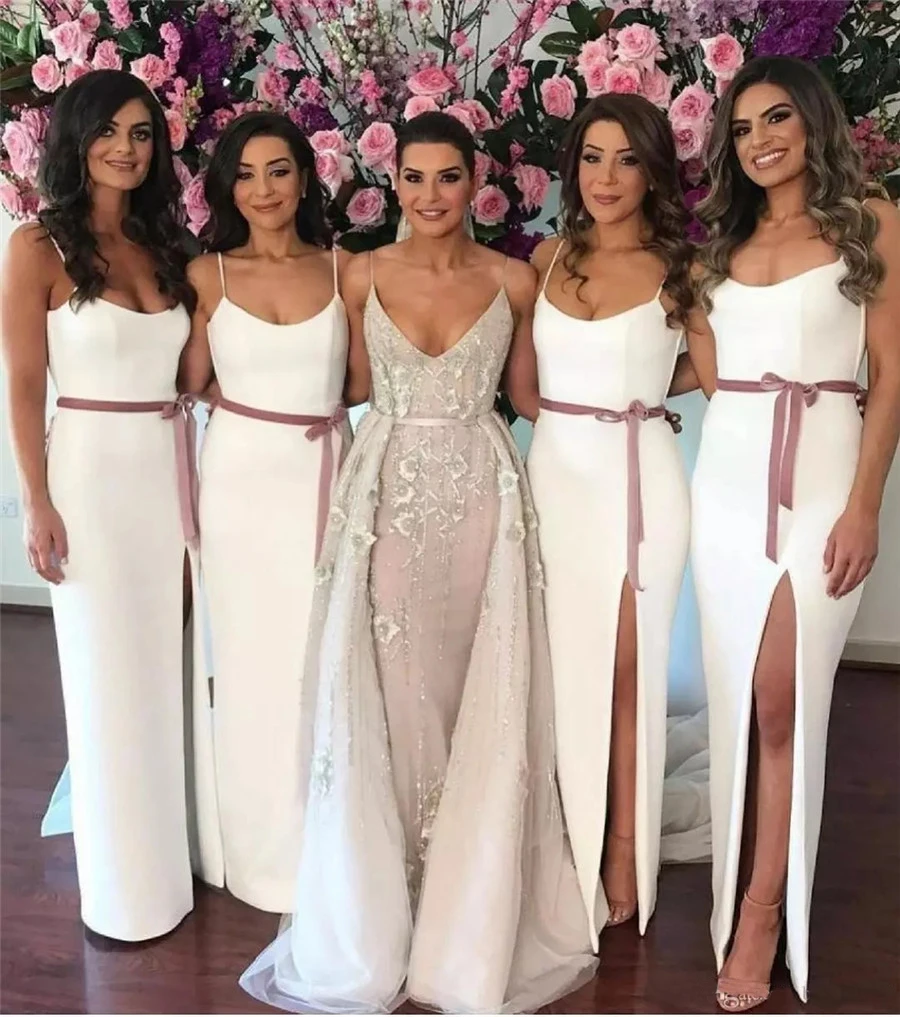 pretty-simple-white-split-bridesmaid-dresses-for-summer-country-weddings-sheath-spaghetti-straps-wedding-guest-dress-with-sash.webp