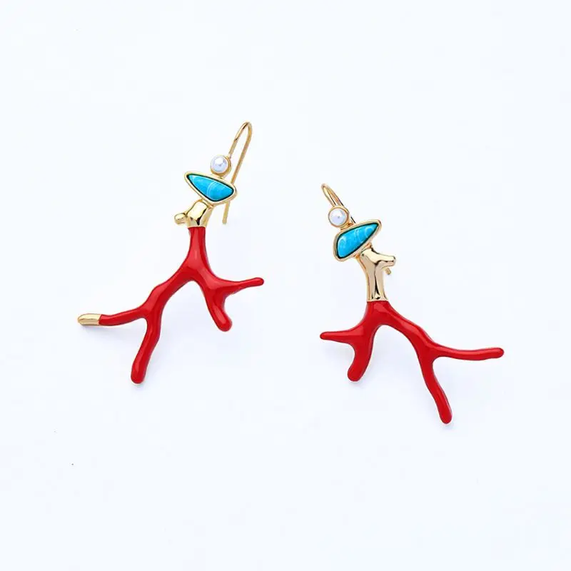 

Girl Fashion Jewelry Red Enamel Coral Antlers Branch Acrylic Resin Drop Earrings