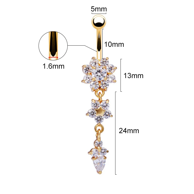 Модные пляжные Сексуальные болтающиеся пупка золотые, серебряные кольца пирсинг кристалл цветок ювелирные изделия для тела пупка Пирсинг Кольца