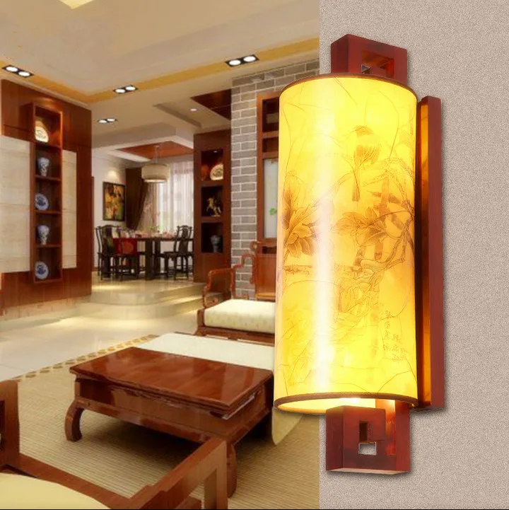 Modern chineses red carved wood art wall lamps antique style yellow PVC shade E27 LED lamp for bedroom&porch&stairs LMJBD002