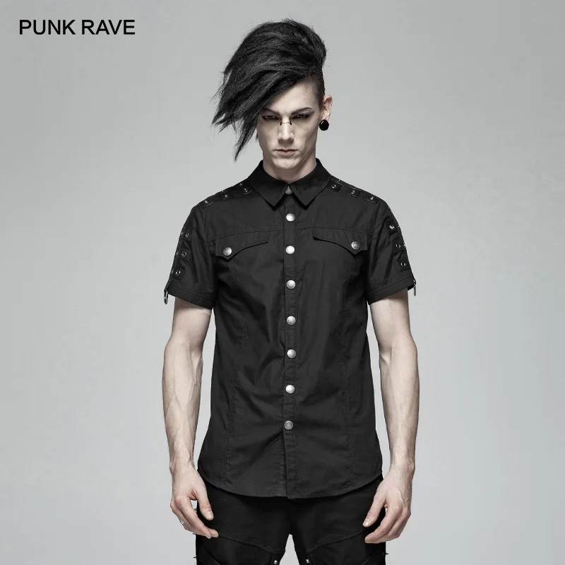 

PUNK RAVE New Steampunk Men's Short Sleeve Black Twill Shirt Shoulder with Large Eyelet Decoration Mens Dress Shirts Harujuku