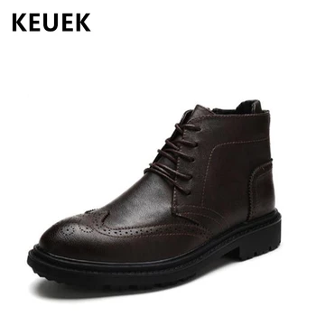 

British style Fashion Men boots Lace-Up Ankle Motorcycle boots High-top Leather shoes Male Bullock leather boots 02A
