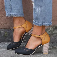 Летние женские туфли-лодочки; повседневная обувь с перфорацией типа «броги» на Высоком толстом каблуке; женская обувь из флока с пряжкой на нескользящей подошве; свадебные сандалии; Sandalias Mujer