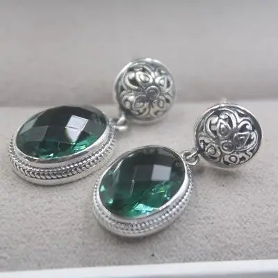 

Solid 925 Sterling Silver Stud Earrings Oval Green Crystal Earrings S925 NEW
