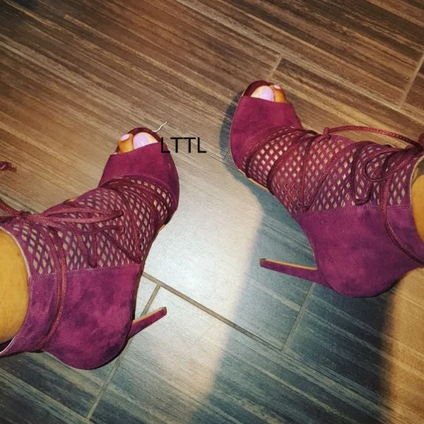 Purple Suede Perforated Stiletto Heel Booties Women Sexy Peep Toe Cut-out Thin High Heel Lace Up Dress Sandals New Arrival