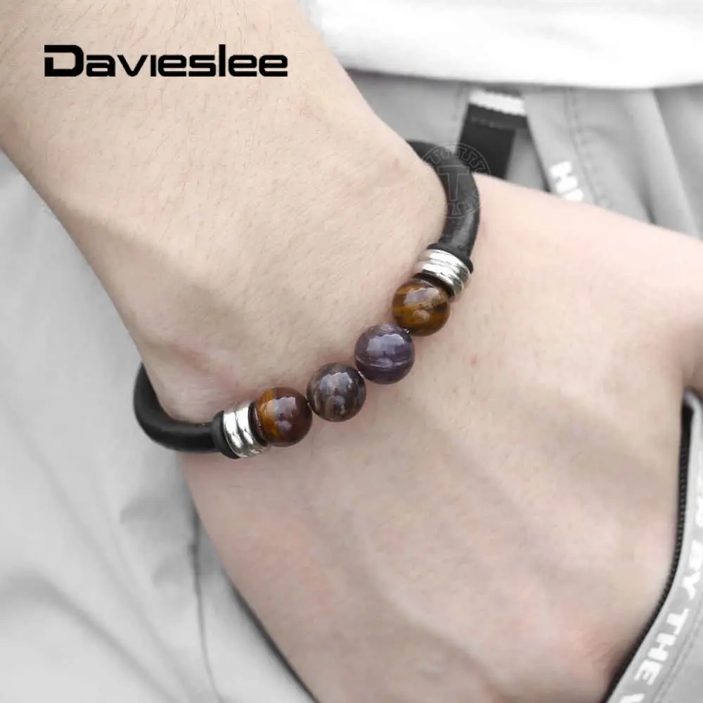 

8inch Womens Mens Beads Leather Bracelets Petrified Wood Bead Black Rope Bracelets for Women Men Handmade Jewelry LDLB156