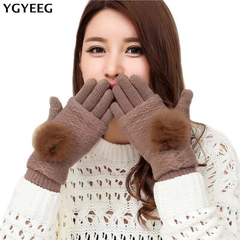 YGYEEG 2020 Women Winter Touched Screen Gloves Warm Double layer Separable Knitted Fingerless Female Rabbit Fur Mittens | Аксессуары для
