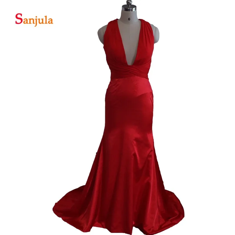 Diepe V-hals Rode Spandex Top Bruidsmeisjekleding Satin Rok Formele Jurken Lange Backless Wedding Party Dress vestido invitada D48 Diepe V-hals Rode Spandex Top Bruidsmeisjekleding Satin Rok Formele Jurken Lange Backless Wedding Party Dress vestido invitada D48