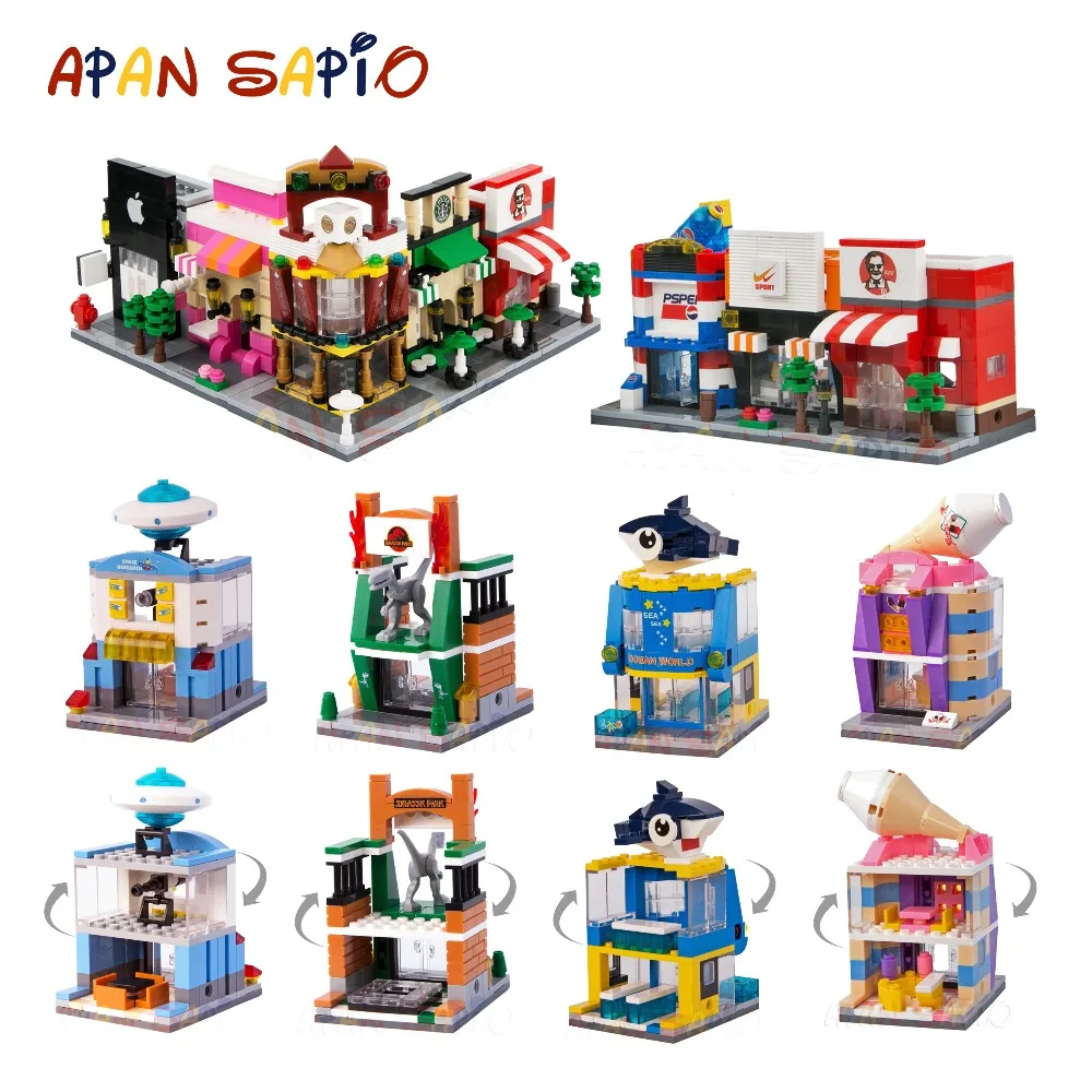 

Apan Sapio City Mini Street 3D Model Retail Store Shop Starbucks 7-11 Apple Store Building Block Toy compatible with legoeING
