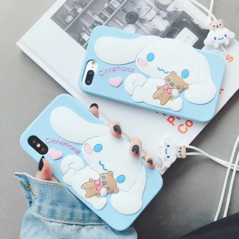 Японский 3D милый мультяшный Sanrio Cinnamoroll Мягкий силиконовый чехол для iPone 11 pro 8 7 6 6s plus X XS MAX XR с длинным ремешком