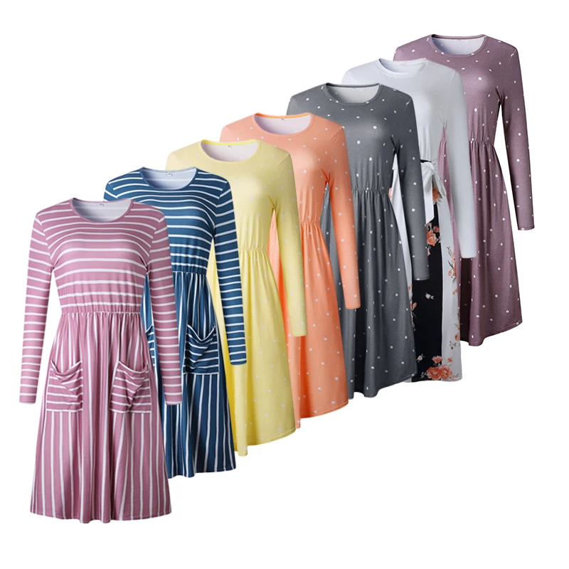 

Flower Print Midi Dress Women's 2019 New Autumn Winter Fashion Pleated Dot Stripes Long Sleeve Loose Party A Line Women Dresses