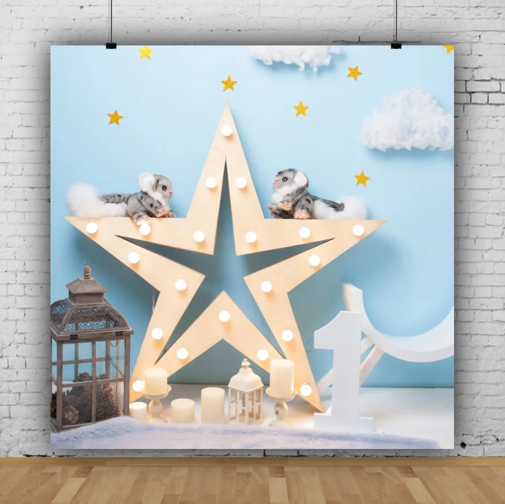 Laeacco Birthday Candle 1th Star Cloud Pet Gold Star Party Child Baby Photo Backdrops Photo Backgrounds Photocall Photo Studio