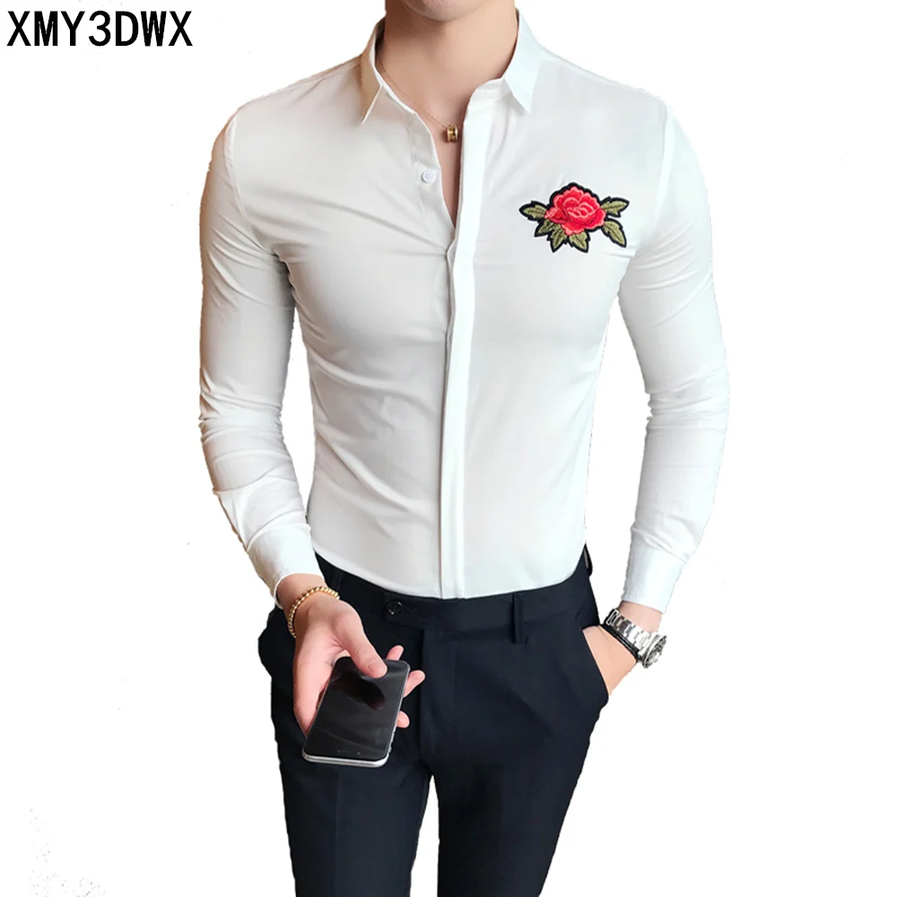 Fashion Floral Embroidery Shirt Men 2017 Autumn New Long Sleeve Slim