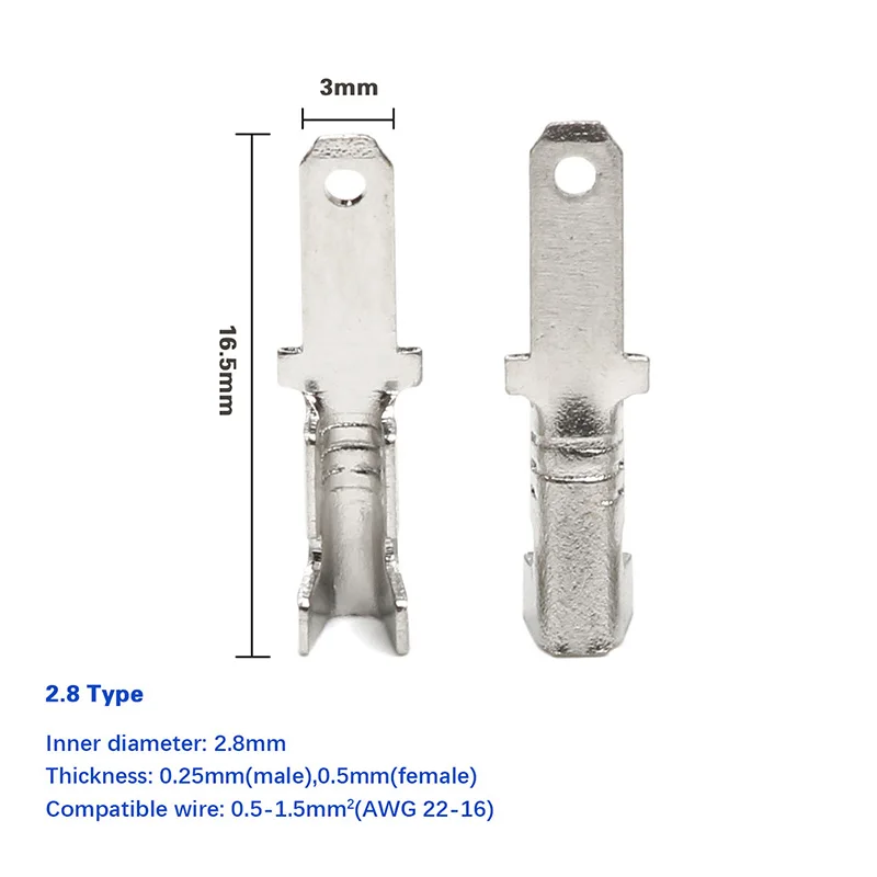 100 шт Серебряный обжимной Лопата клеммы комплект 2,8/4,8/6,3 мм Женский/мужской разъемы с 100 шт изоляционные муфты 22-16 AWG - Цвет: 2.8mm