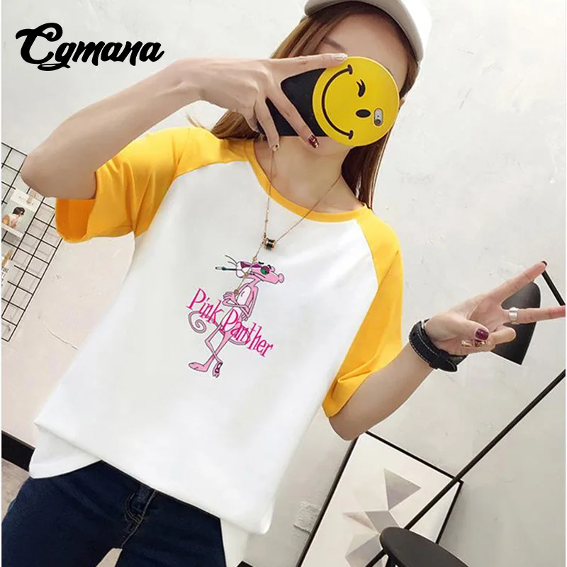 CGmana Women T-shirt 2018 New Fashion Cartoon Pink Panther Printed Cotton T-shirts Female Loose Women T-shirts Casual Tops Tees Tops