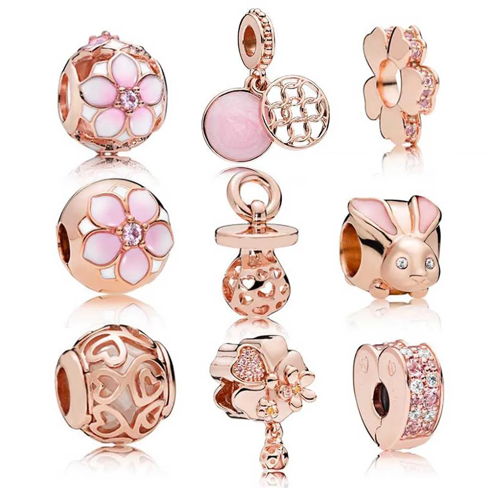 2018 Spring 100% Real 925 Sterling Silver Charms Flower Rose Gold Charms Fit Original Pandora ...