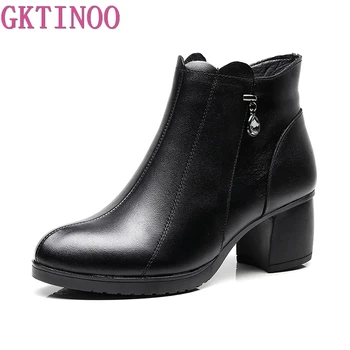 

GKTINOO Women Ankle Boots Soft Genuine Leather Thick High Heels Shoes Platform Boots Winter Autumn Boots Warm Fur