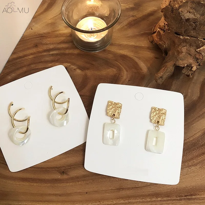 

AOMU Chic Vintage Metal Gold Twisted Irregular Hollow Round Circle Square Rectangle Shell Drop Earrings for Women Girl Dangle