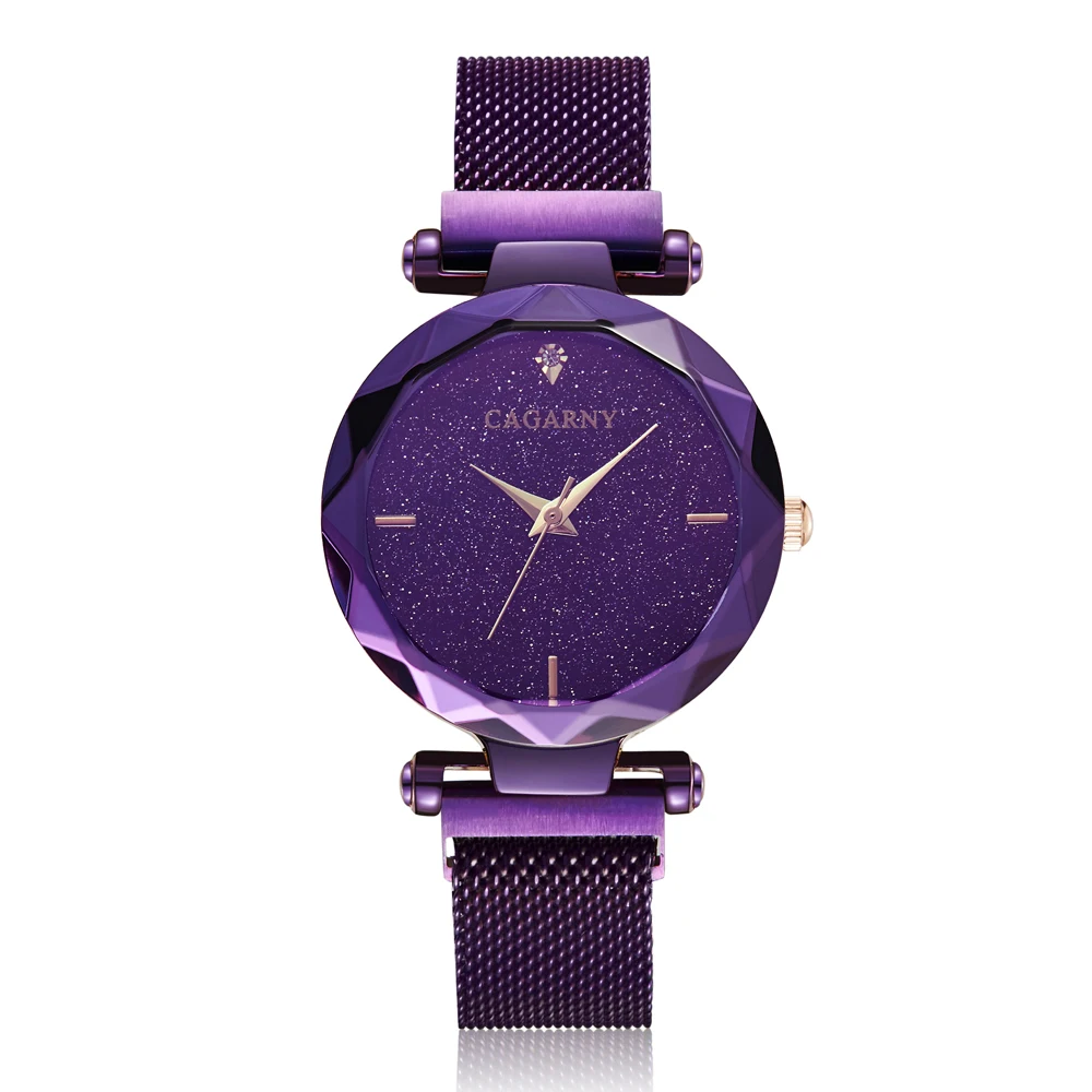 Goedkoop Magneet Horloge Sterrenhemel vrouwen Horloges Luxe Merk Cagarny Quartz Horloge Vrouwen Dames Kristal Wristatch Paars Montre Femme