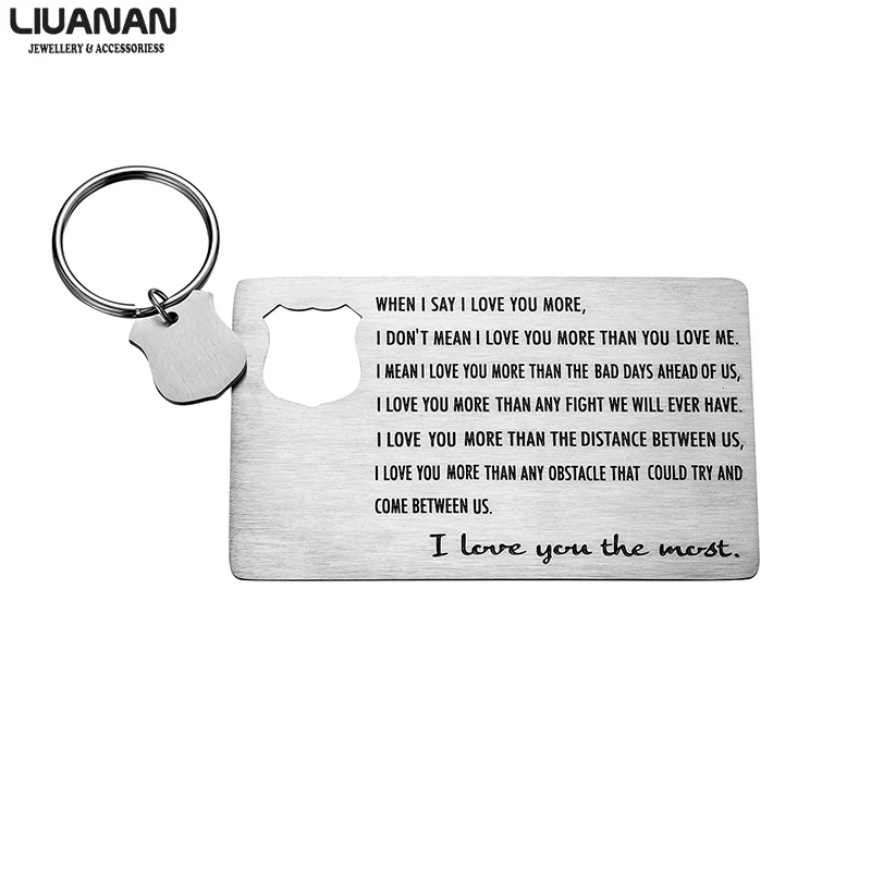 

Stainless Steel Shield Keychain Wallet Insert Anniversary Gifts for Men Wallet Card Insert Mini Love Note I Love You More Most