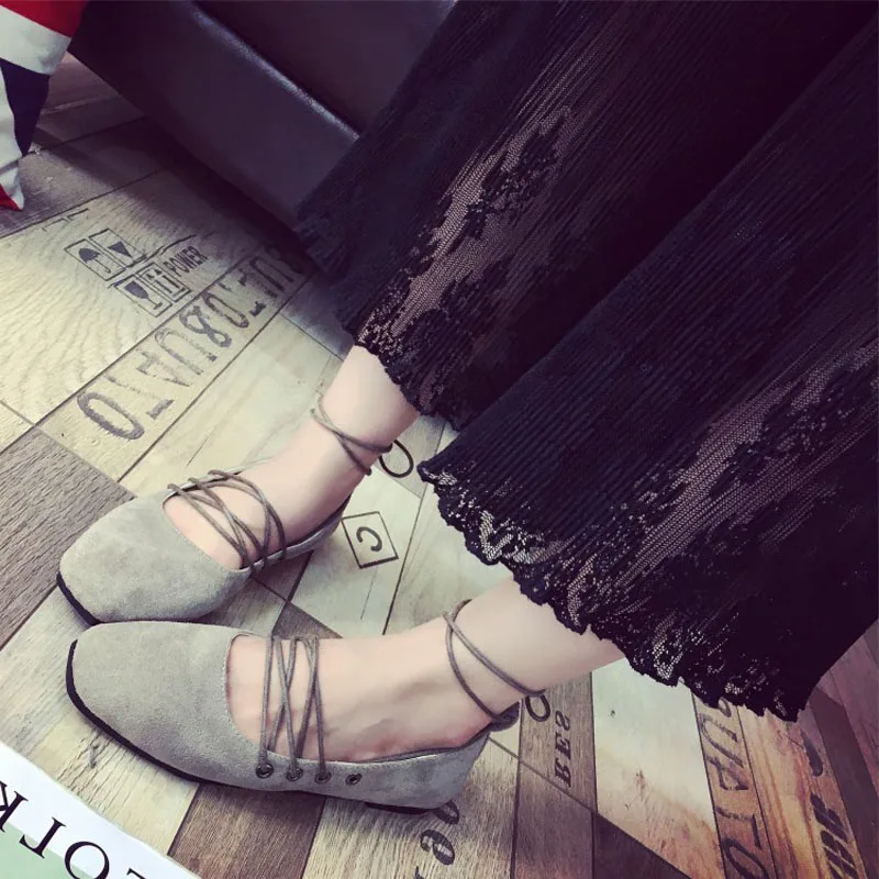 

2017 Spring Autumn Women Nude shoes Student style  Cross-tied Square toe Flat shoes Beige Black and Pink colors