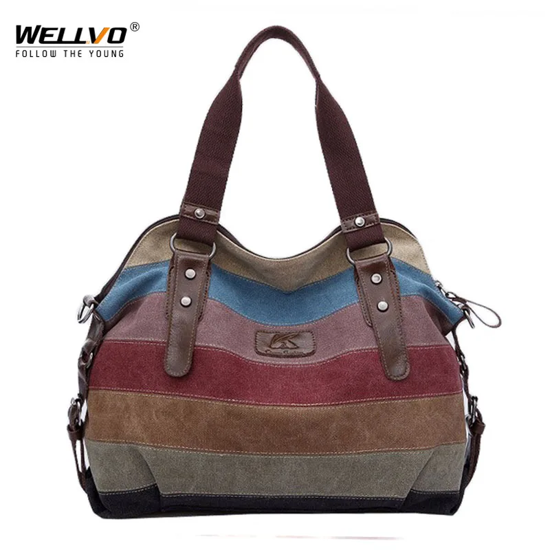 Goede Vrouwen Canvas Handtas Gestreepte Patchwork Schoudertas Beroemde Merk Handtassen Grote Draagtas Messenger Crossbody Regenboog Tassen XA274C