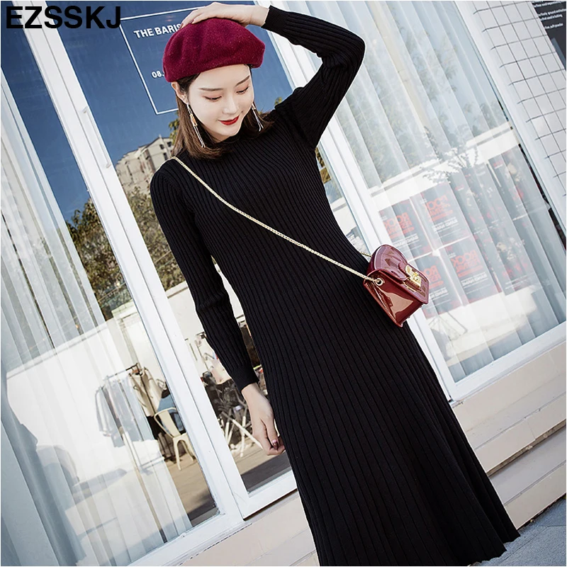 Chic-Women-Sweater-Dress-2018-Fall-Winter-Long-Slim-Dresses-Casual-Solid-Pull-Femme-Elastic-Ribbed 