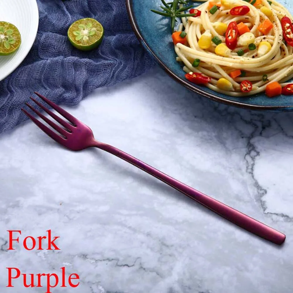 Посуда из нержавеющей стали цвета радуги ложка с длинной ручкой вилка Совок Мороженое Ложки для чая и кофе столовые приборы кухонные принадлежности - Цвет: Fork purple