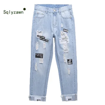 

Streetwear Letter Print Ripped Jeans New Fashion Spring Button Fly Mid Waist Women Trousers Blue Pocket Casual Harajuku Jeans