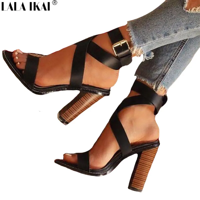 

LALA IKAI Summer Women Sandals Buckle Strap High Heeled Sandals PU Leather Sexy Gladiator Party Ladies Sandals XWC1863-5