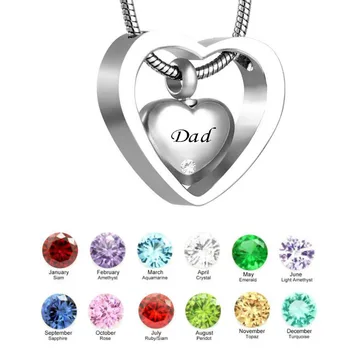 

custom Double Heart dad Twelve months birthstone Urn Necklace Pendant with Funnel ashes Keepsake Cremation jewelry