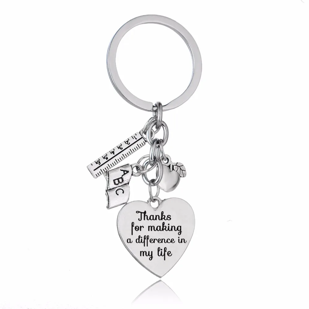 

Teacher's Day Gifts Love Heart Apple Ruler ABC Book Charms Teachers Keychain Thanks For Making A Difference In My Life Keyring