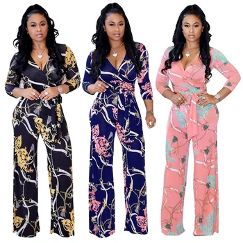 

Plus Size Women Floral V-Neck Bandage Jumpsuits Long Sleeve Bodycon Jumpsuits Casual Long Jumpsuit