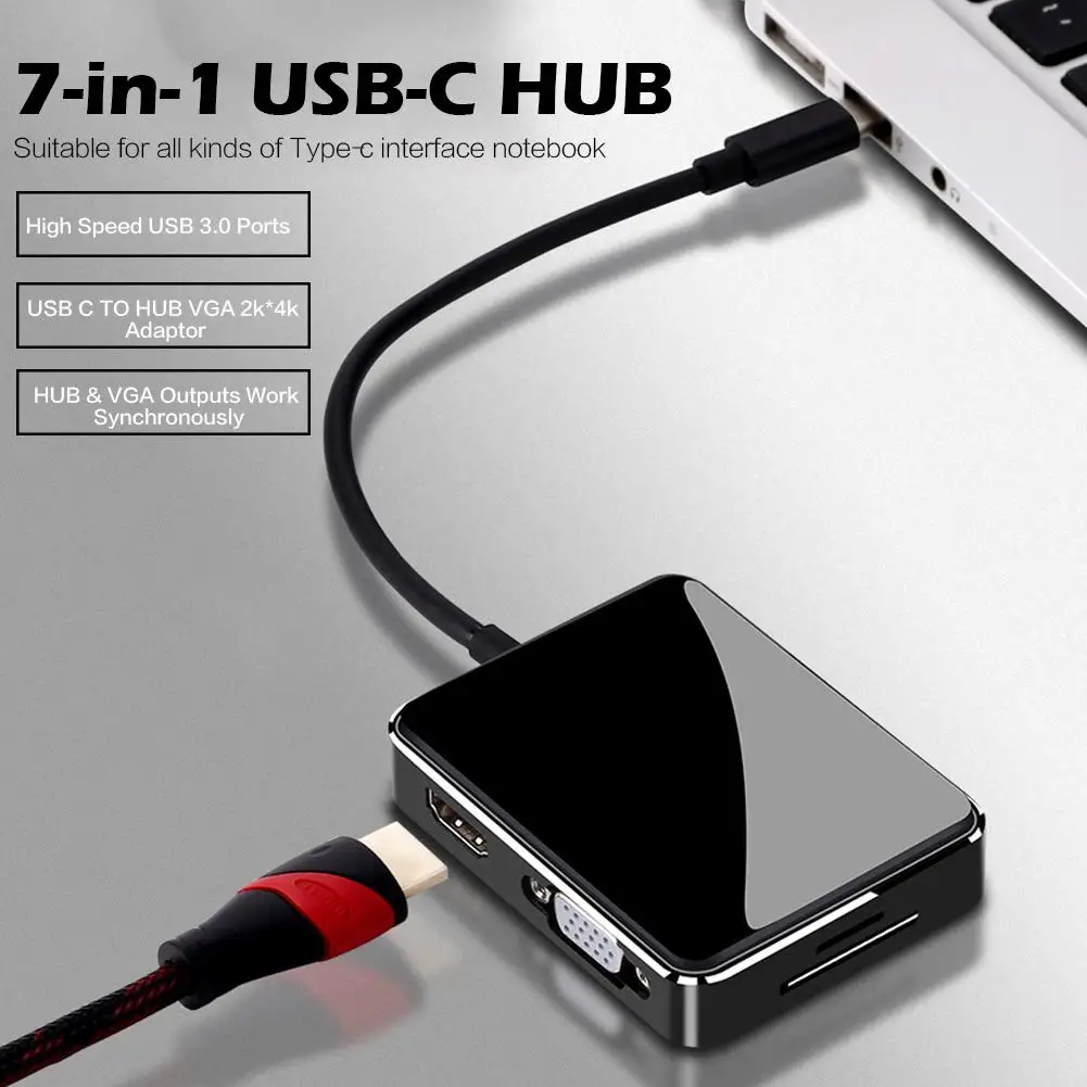 

High Quality Type-C To HDMI+VGA+USB3.0+SD+TF Seven-In-One Converter USB-C Multi-Function Docking Station