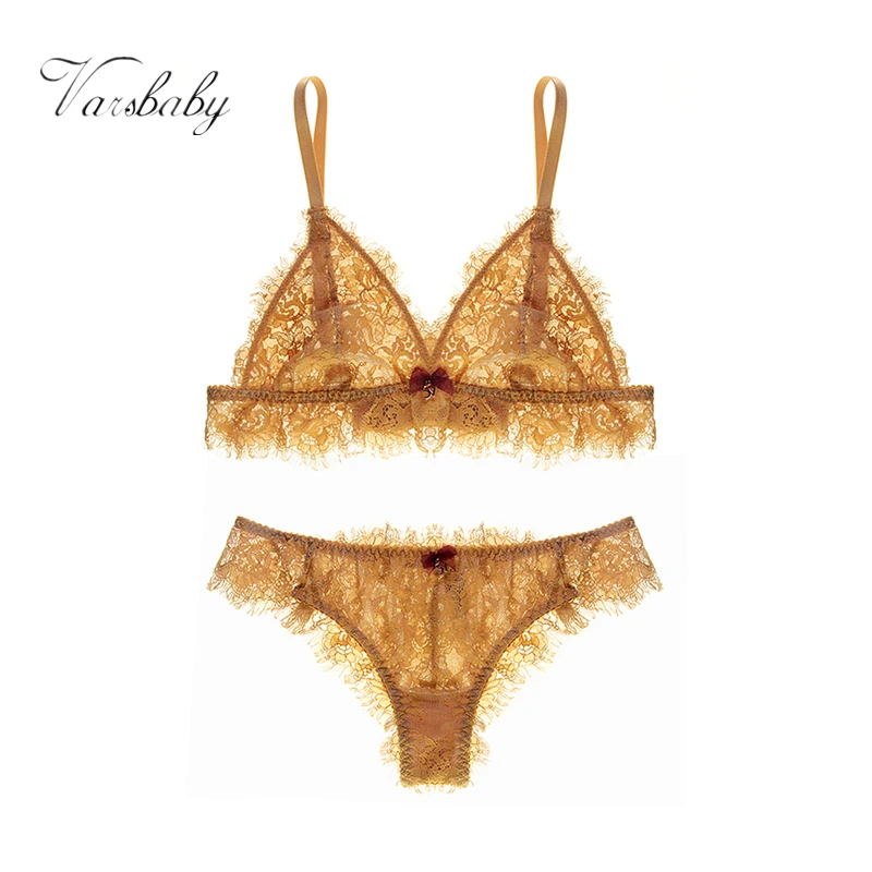 Varsbaby New eyelash lace ultra thin breathable sexy T pants bra sets